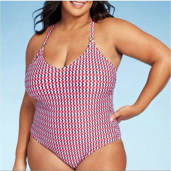 Kona Sol Red White Blue Geometric One Piece Swimsuit Plus Size 17 New - Picture 1 of 2